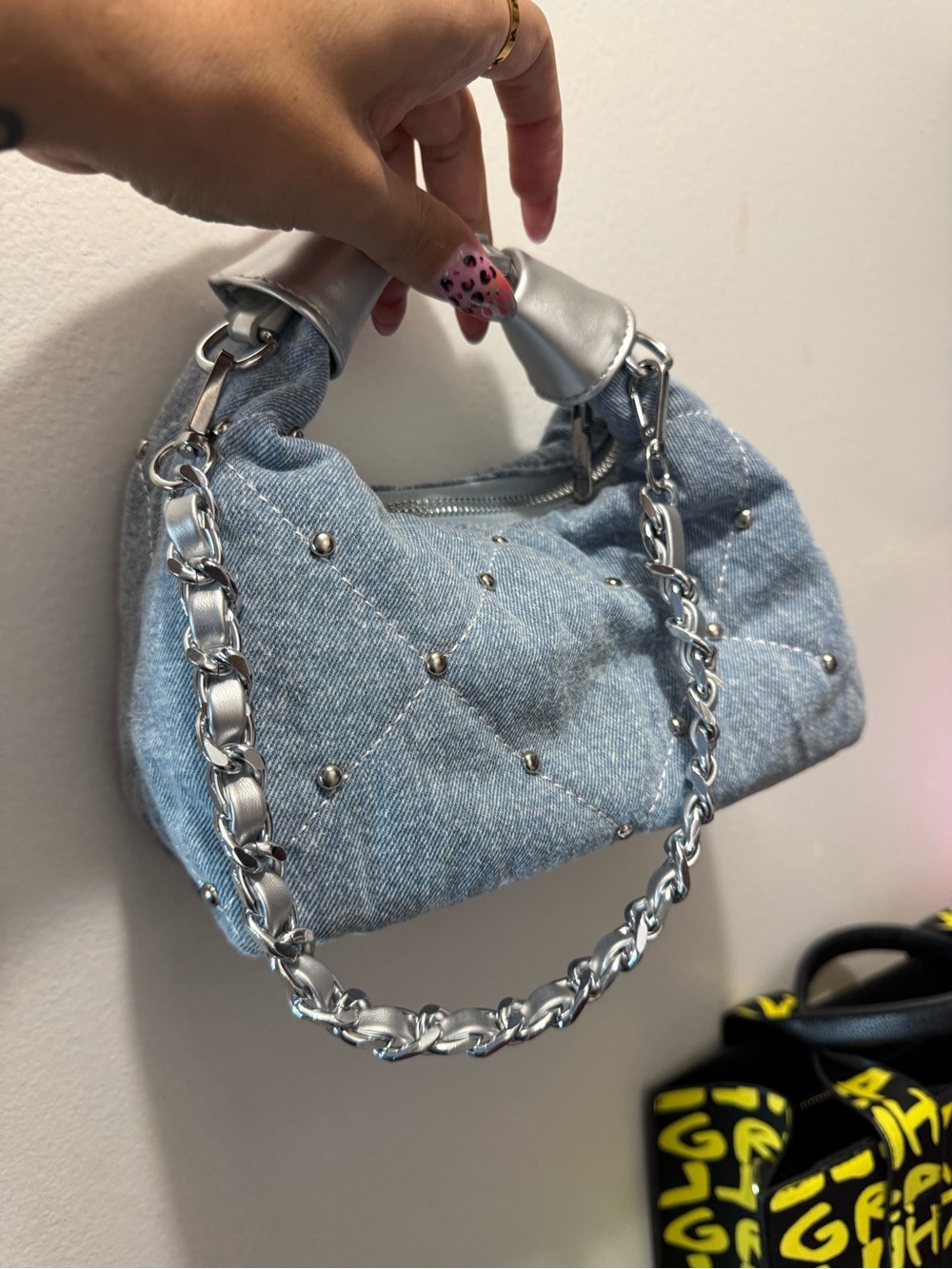 Source Unknown Light Blue Quilted Denim Mini Bag with Silver Chain